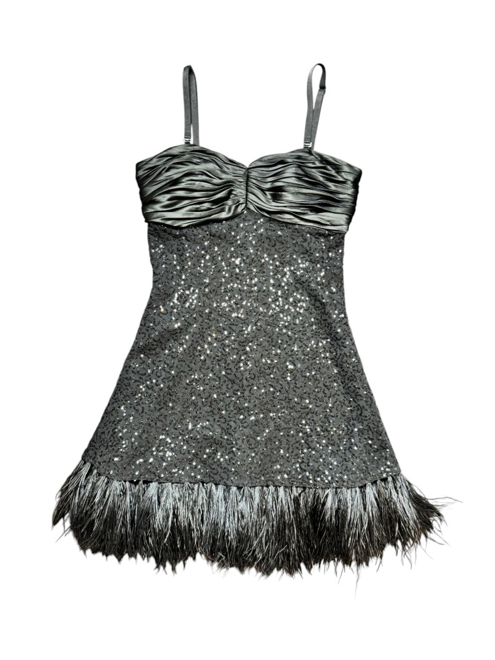 Y2K Fleur de Paris Black Sequin Feather Hem Dress Size Small